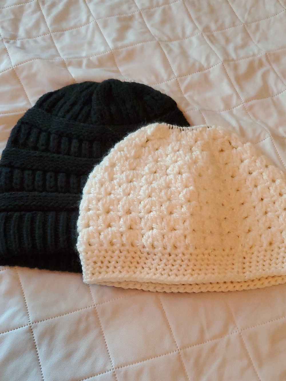 Black Knit Beanie & Cream Crochet Beanie Duo